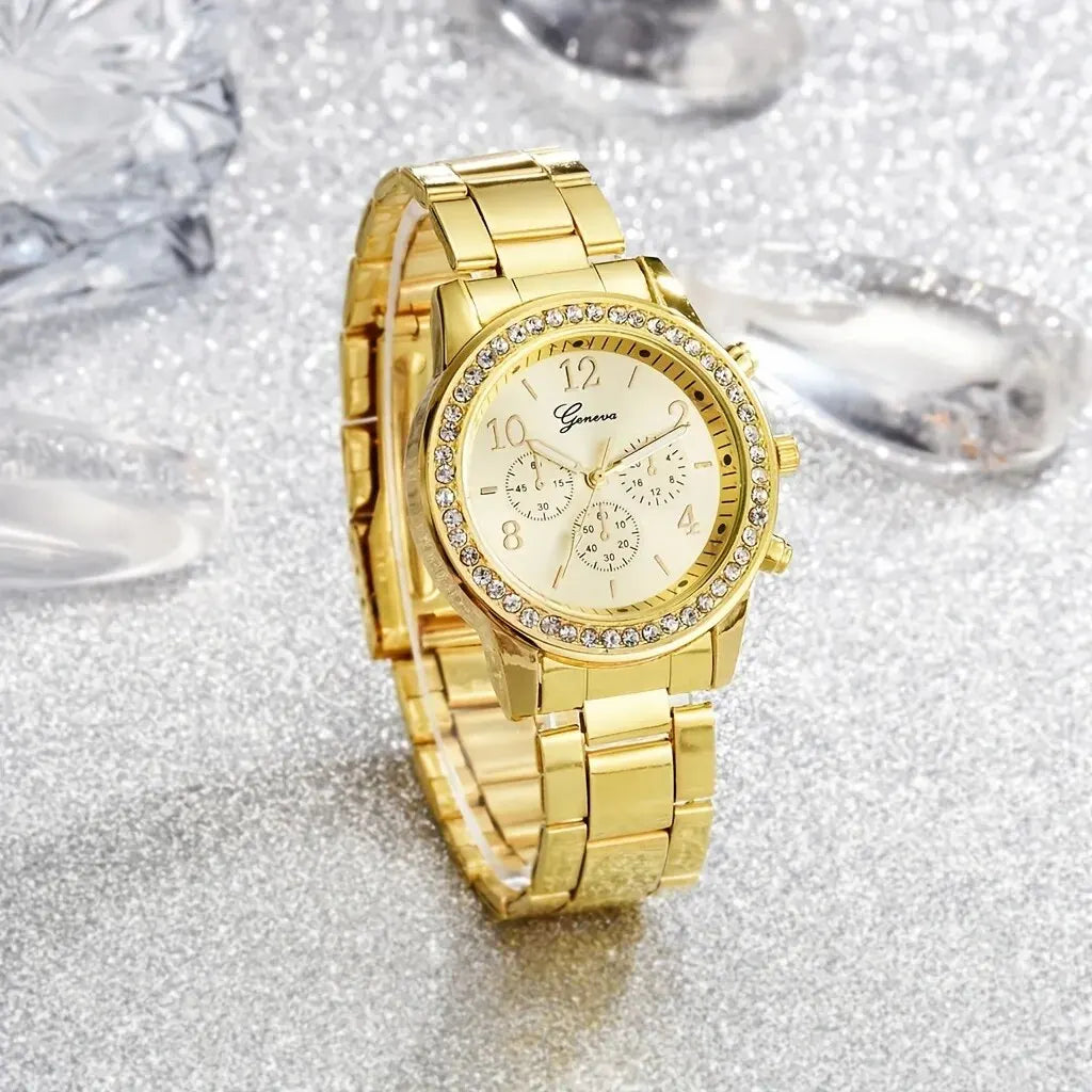 5 PCS Set Gold Uhr Frauen Luxus Ring Halskette Ohrringe Strass Mode Armbanduhr
