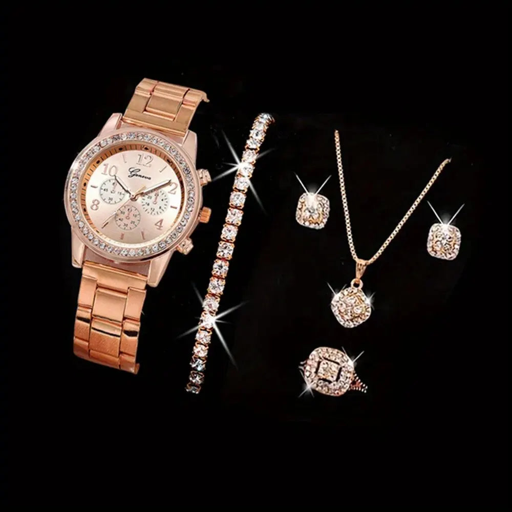 5 PCS Set Gold Uhr Frauen Luxus Ring Halskette Ohrringe Strass Mode Armbanduhr