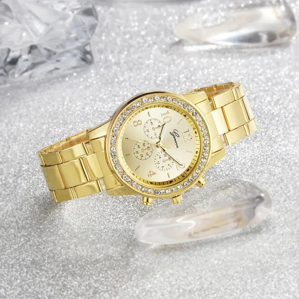 5 PCS Set Gold Uhr Frauen Luxus Ring Halskette Ohrringe Strass Mode Armbanduhr