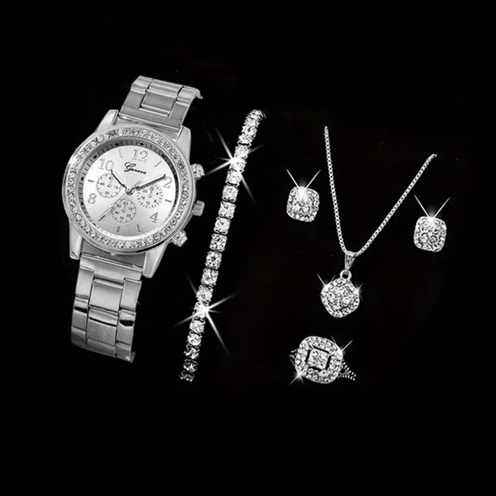 5 PCS Set Gold Uhr Frauen Luxus Ring Halskette Ohrringe Strass Mode Armbanduhr
