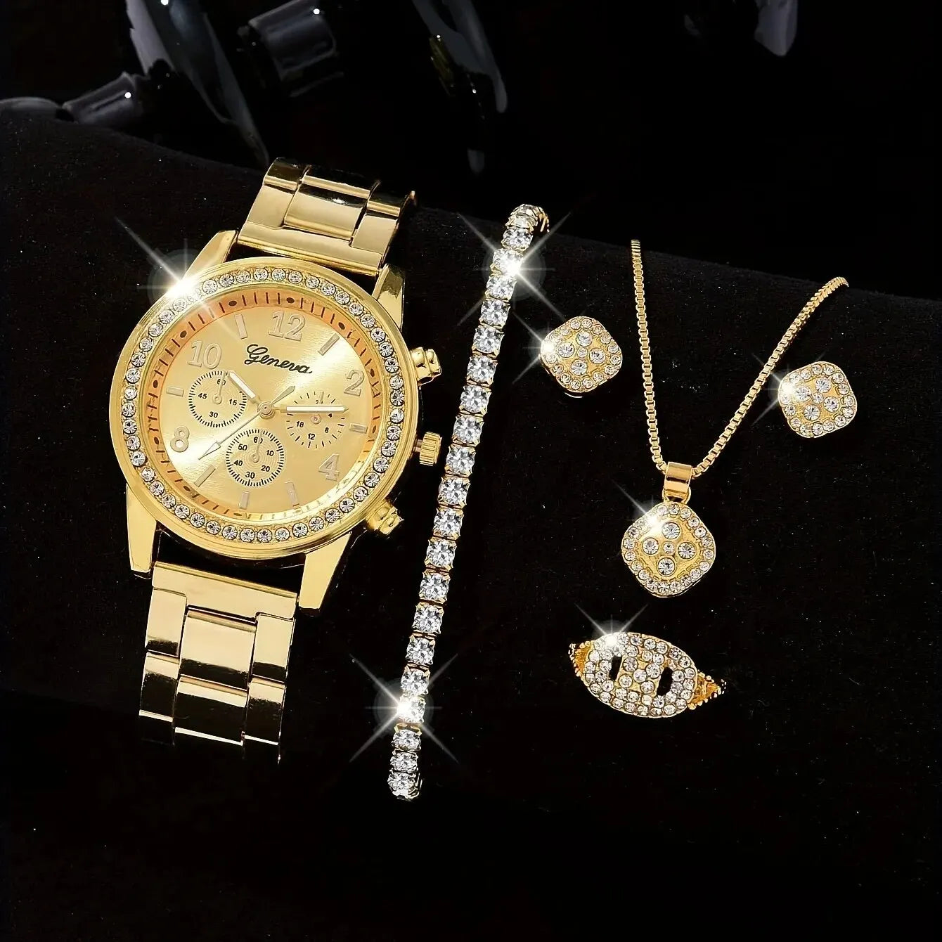 5 PCS Set Gold Uhr Frauen Luxus Ring Halskette Ohrringe Strass Mode Armbanduhr