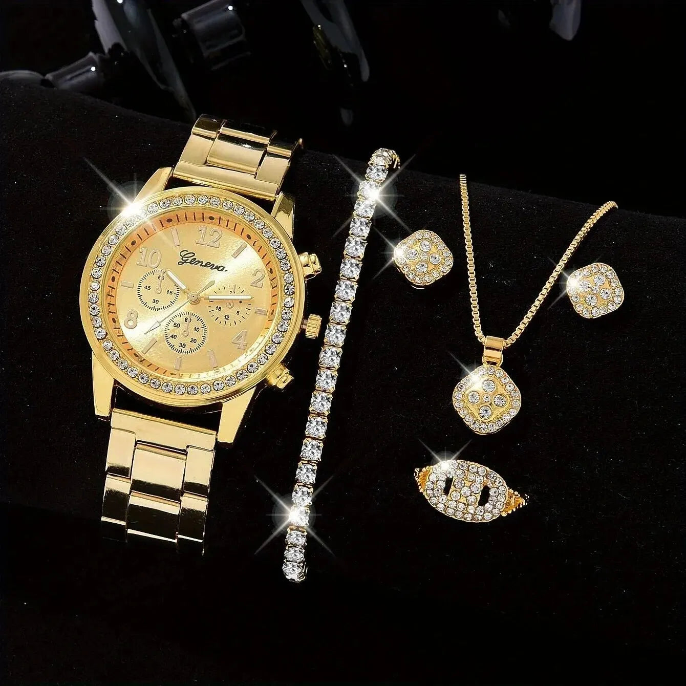 5 PCS Set Gold Uhr Frauen Luxus Ring Halskette Ohrringe Strass Mode Armbanduhr
