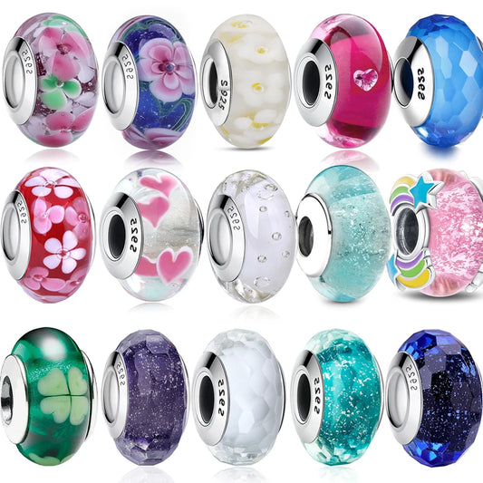 Luxus 925 Sterling Silber Rosa Blume Glasperlen