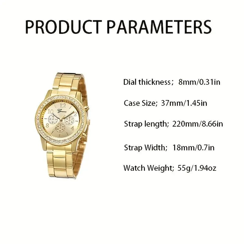 5 PCS Set Gold Uhr Frauen Luxus Ring Halskette Ohrringe Strass Mode Armbanduhr
