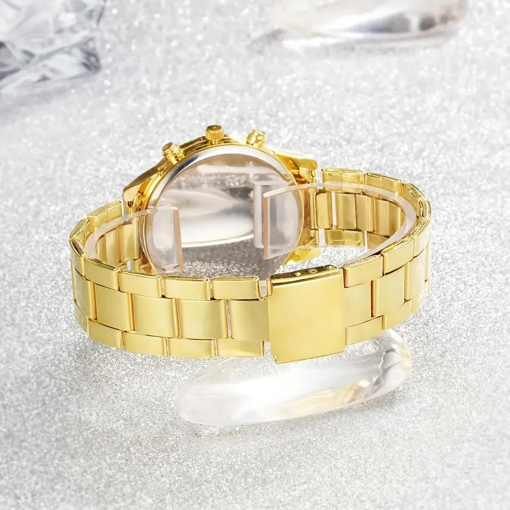 5 PCS Set Gold Uhr Frauen Luxus Ring Halskette Ohrringe Strass Mode Armbanduhr