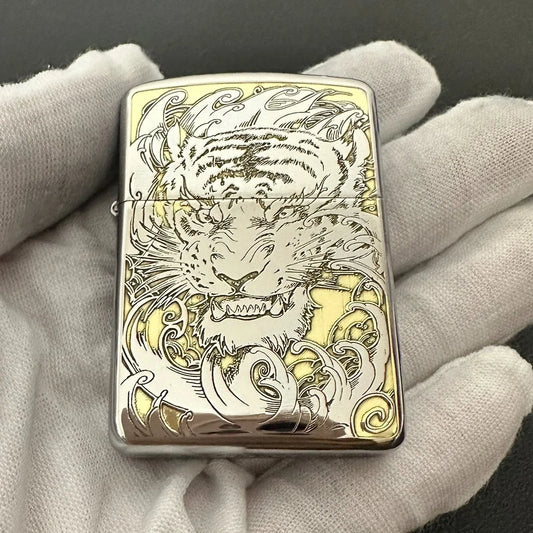 Zippo White Copper Brass Tiger Wild Animal Engraved Windproof accessory Collection in box